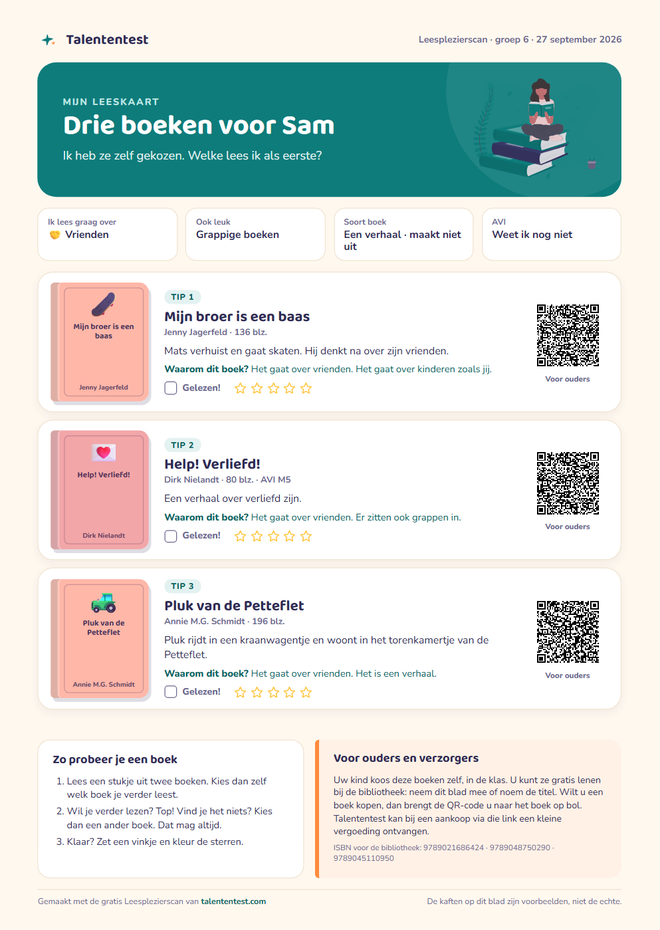 Voorbeeld van het A4 voor thuis met drie boektips voor Sam